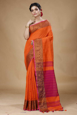 FASHIONIUM Woven Handloom Cotton Silk Saree(Orange, Pink)
