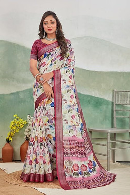 havya creation Printed Banarasi Linen Saree(Multicolor)