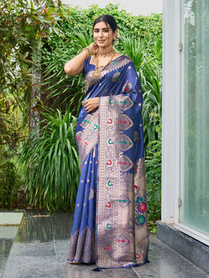 Gariya Fab Embellished Banarasi Silk Blend Saree(Dark Blue)