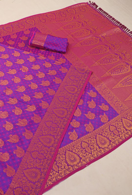 Vichitra Woven, Self Design Banarasi Silk Blend, Jacquard Saree(Purple)