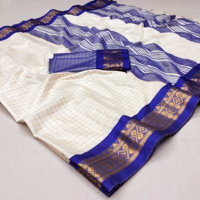 KSNDVTrendz Printed Bollywood Cotton Silk Saree(White, Blue)