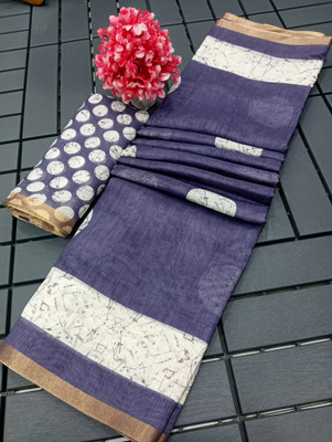 AARAANA Floral Print Kanjivaram Linen, Cotton Linen Saree(Blue)