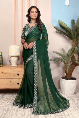 RJTAJ FAB Solid/Plain, Embroidered Bollywood Georgette Saree(Dark Green)