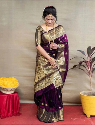 Mishowglitter Embroidered Patola Jacquard, Pure Silk Saree(Purple, Gold)