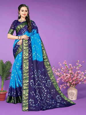 rajranitextiles Hand Painted Bandhani Georgette Saree(Blue)
