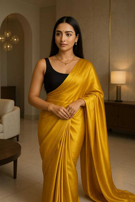 shreeji creation Solid/Plain Bollywood Satin Saree(Mustard)