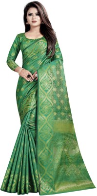 Hinayat Fashion Woven Banarasi Cotton Blend Saree(Green)