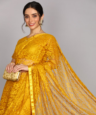LOROFY Self Design Bollywood Net Saree(Yellow)