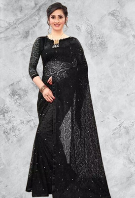 Paanthcreation Solid/Plain Bollywood Net Saree(Black)