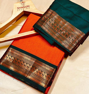 SHAGUN Printed Banarasi Cotton Silk, Jacquard Saree(Orange)