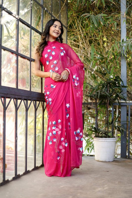 Lakshmi Boutique Hand Painted Handloom Cotton Blend Saree(Pink, Green, White)