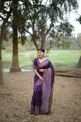 Tasrika Woven Kalamkari Raw Silk Saree(Purple)