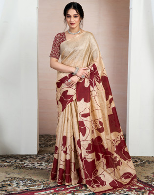 Samah Floral Print, Printed Daily Wear Cotton Blend Saree(Beige)