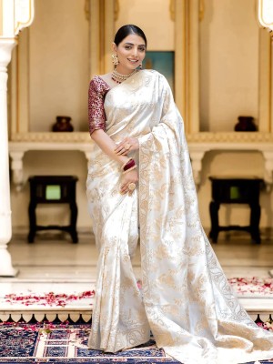 Anjaneya Sarees Woven Banarasi Cotton Silk Saree(White)