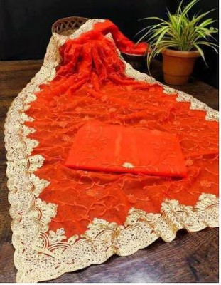 SkyFlock Embroidered, Embellished Bollywood Net Saree(Orange)