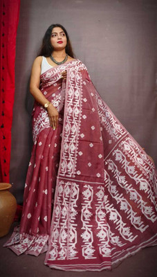 M STORE Self Design Jamdani Cotton Silk Saree(Maroon)