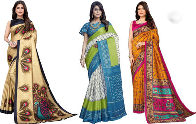 YASHIKA Printed Mysore Art Silk Saree(Pack of 3, Gold, White, Blue, Yellow)