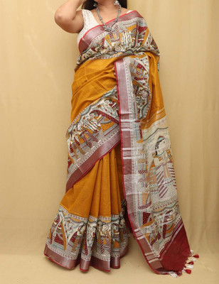 Mollika Printed Madhubani Cotton Linen Saree(Multicolor)