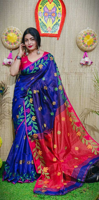Sareekuthi Woven, Self Design Bollywood Handloom Cotton Silk Saree(Blue)