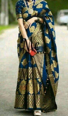 Canizzaro Woven Banarasi Silk Blend Saree(Dark Blue)