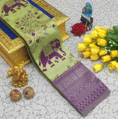 het designer studio Floral Print, Applique, Blocked Printed, Embroidered, Woven, Self Design Bollywood Georgette Saree(Light Green, Purple)