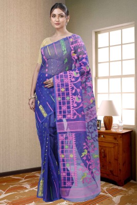 PuJoy Self Design, Woven Jamdani Pure Cotton Saree(Dark Blue)