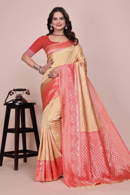 Saadhvi Woven Kanjivaram Pure Silk Saree(Beige, Red)