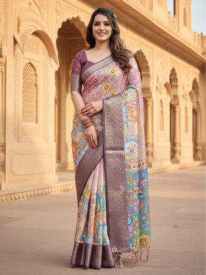 ZAMUNA Digital Print, Floral Print, Woven Banarasi Tussar Silk, Linen Saree(Pink, Green)