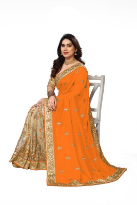 Divastri Embroidered Bollywood Art Silk, Net Saree(Orange, Beige)