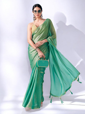 NIRMOHIFASHION Solid/Plain Bollywood Chiffon, Silk Blend Saree(Light Green, Gold)