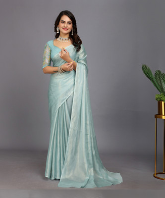 RHEY Embroidered, Solid/Plain Bollywood Georgette Saree(Light Blue)