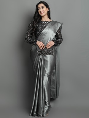 lorona Enterprise Solid/Plain Bollywood Silk Blend, Satin Saree(Grey)