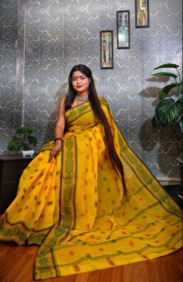 Aishani tant saree ghar Printed Tant Pure Cotton Saree(Yellow)