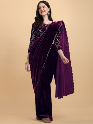 A To Z Cart Embroidered Bollywood Velvet Saree(Magenta)