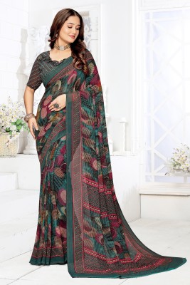 PinkEVE Floral Print, Printed Bollywood Chiffon, Brasso Saree(Dark Blue, Multicolor)