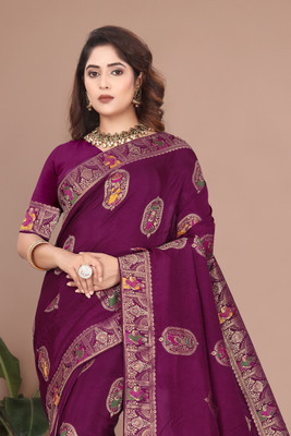 Bindi Woven, Self Design Banarasi Viscose Rayon Saree(Purple)