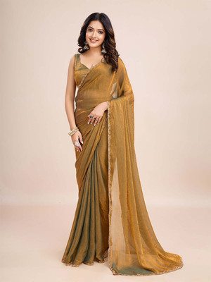 Jinal & Jinal Solid/Plain Bollywood Chiffon Saree(Gold)