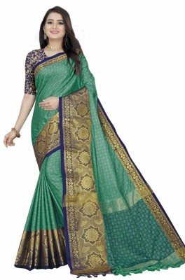 Wamsi Woven Dharmavaram Cotton Blend, Cotton Silk Saree(Blue, Light Green)