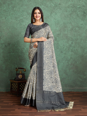 Divastri Digital Print, Printed Bollywood Tussar Silk Saree(Beige, Grey)