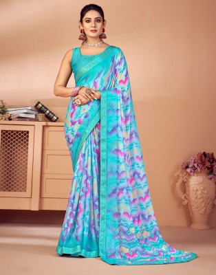 Divastri Geometric Print, Printed, Embellished Bollywood Chiffon Saree(Blue, Multicolor)