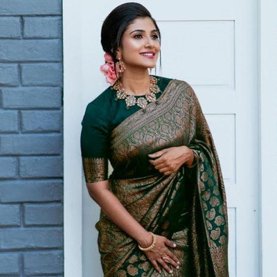 Rudr Venture Self Design Banarasi Cotton Silk Saree(Green)