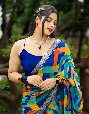Samah Printed, Embellished Daily Wear Georgette, Chiffon Saree(Multicolor)