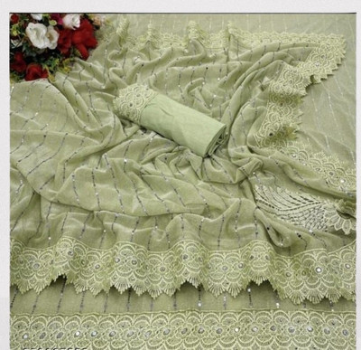 AAI KHODAL CREATION Solid/Plain Bollywood Lycra Blend Saree(Beige)