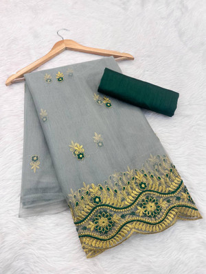 ChamundaTrends Embroidered Bollywood Supernet, Cotton Silk Saree(Grey)