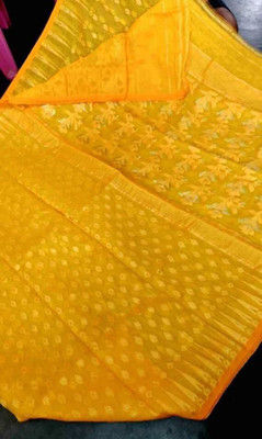 Soma Tant saree Mahal Self Design, Woven, Geometric Print Handloom Cotton Silk Saree(Yellow)