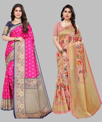 Priyashi Printed, Self Design, Solid/Plain Bollywood Cotton Silk Saree(Pack of 2, Pink)