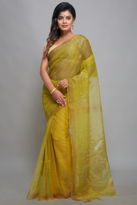 WoodenTant Woven Handloom Muslin Saree(Light Green)