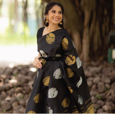 RASVRITI Printed Kanjivaram Pure Silk, Art Silk Saree(Black)