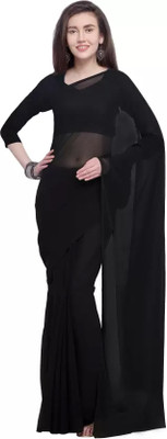 maadurga Solid/Plain Bollywood Cotton Blend Saree(Black)