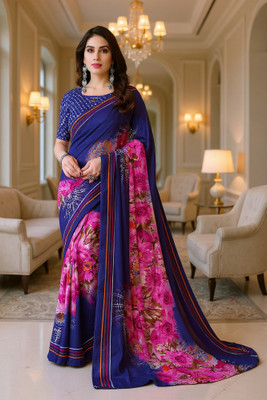 SmittenSmit Printed Bollywood Georgette Saree(Blue)